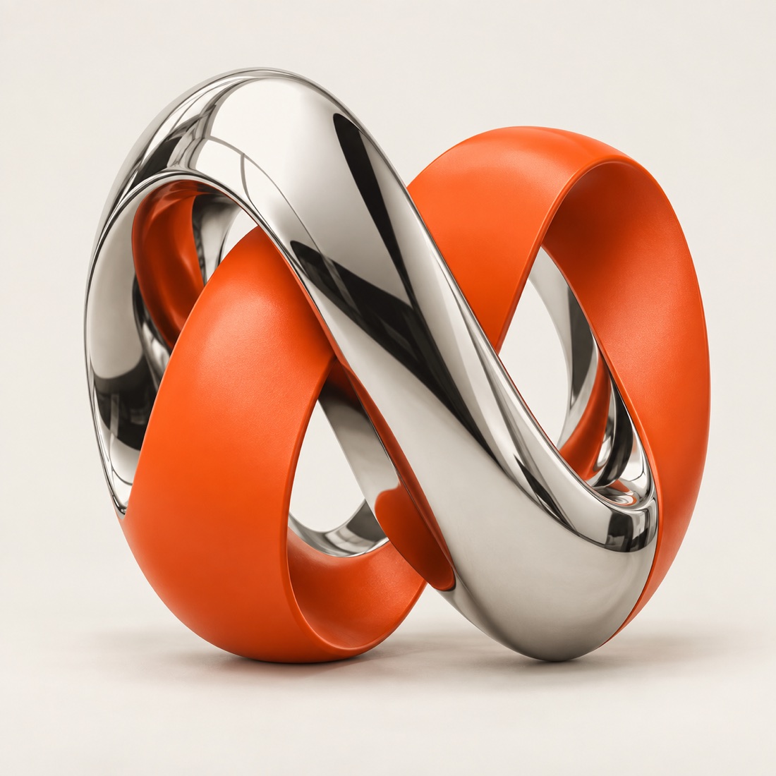 Deux rubans sculpturaux, orange et chrome, qui s’entrelacent