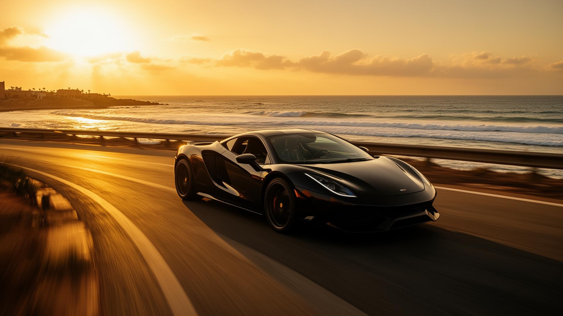 Voiture de sport sur une route côtière au coucher du soleil, visuel Nest Motors